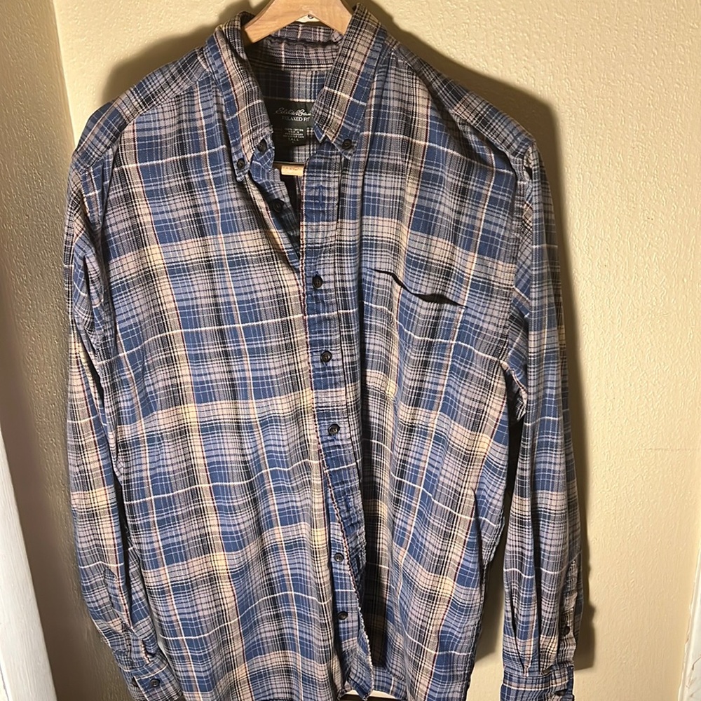Eddie Bauer Mens Flannel Shirt Relaxed Fit Blue/Tan Plaid Size Large Tall
